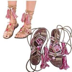 Sam Edelman Red Pink Brown Gretchen Gladiator Tassel Sandals 8 1/2